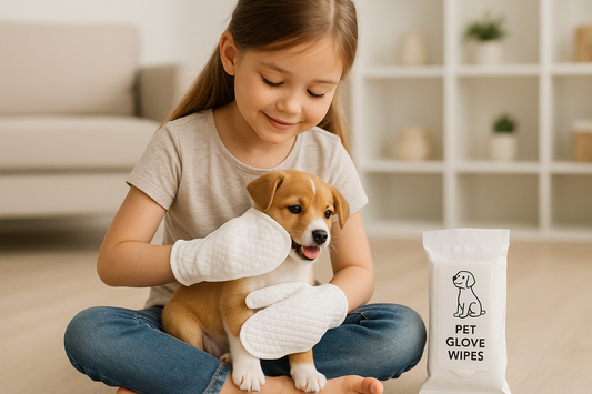 a image of a little girl using Fur Snuggles white Pet Glove Wipes on her puppy